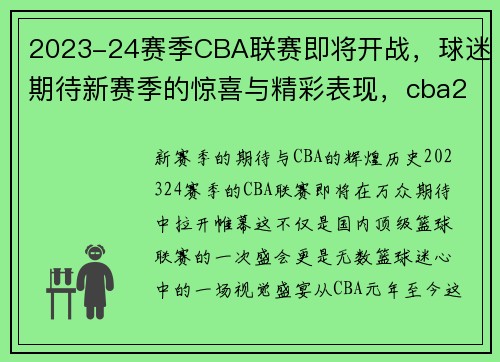 2023-24赛季CBA联赛即将开战，球迷期待新赛季的惊喜与精彩表现，cba2021赛季赛程第二阶段