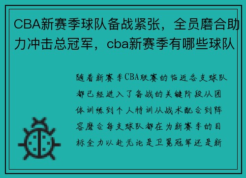 CBA新赛季球队备战紧张，全员磨合助力冲击总冠军，cba新赛季有哪些球队