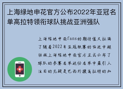 上海绿地申花官方公布2022年亚冠名单高拉特领衔球队挑战亚洲强队